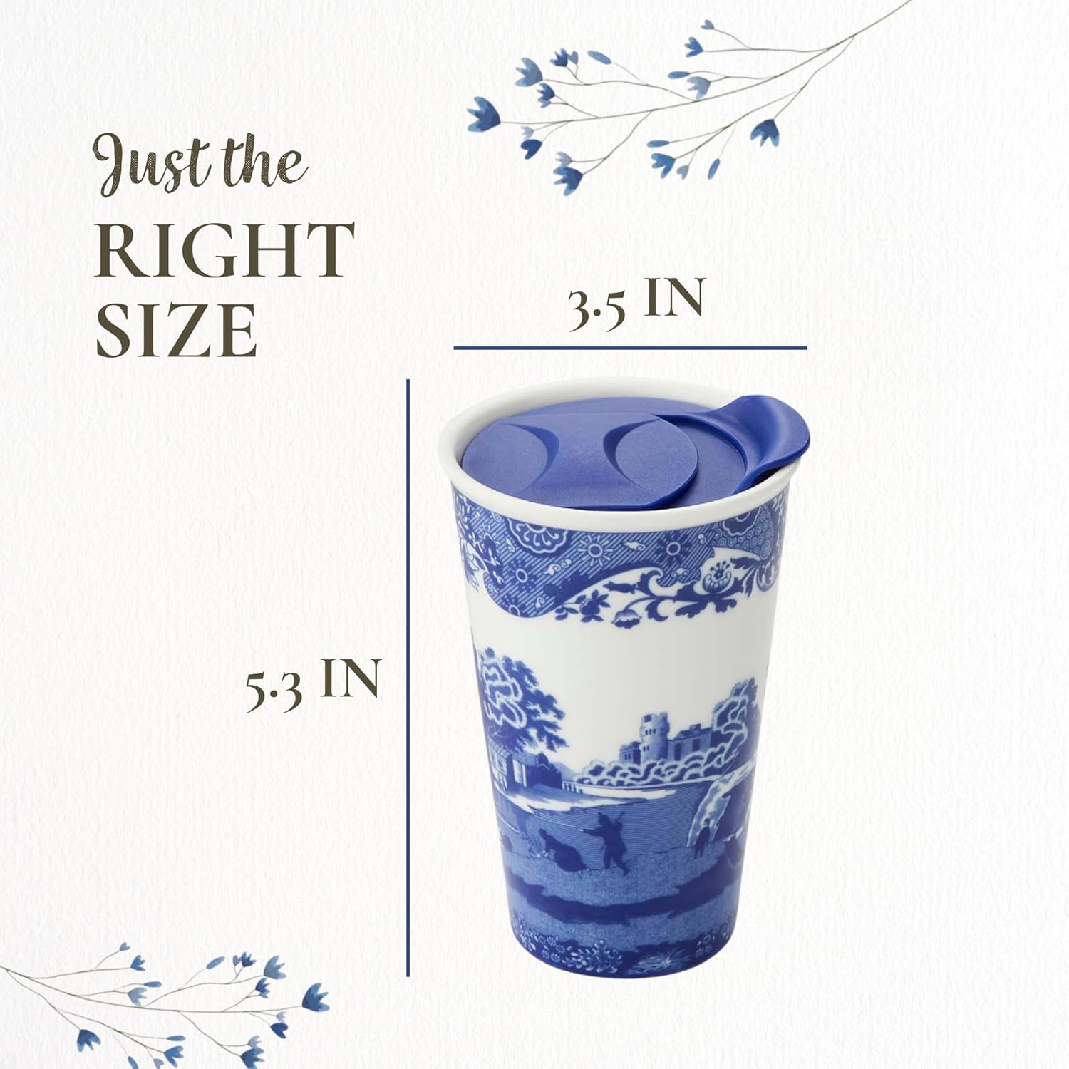 Spode Blue Italian 8-oz Porcelain Travel Mug with Lid – Scenic Patterned Drinkware with Decorative Border - Portable Porcelain