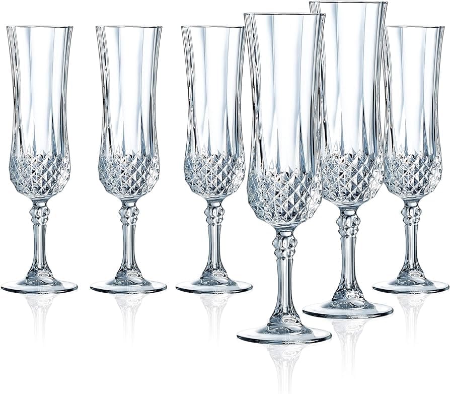 Cristal d'Arques Paris Longchamps Set of 6 Kwarx Champagne Flutes 14cl Shine, Transparency and High Resistance – Iconic Mouldings – Made in France