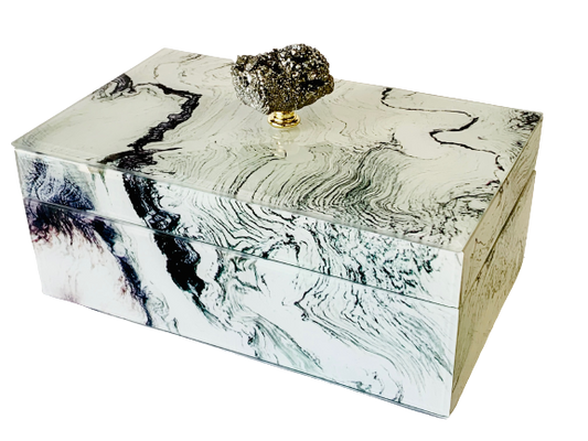Jewelry Case/Box Marbled White 8.25" X 5" X 5" Glass with Gem Cluster