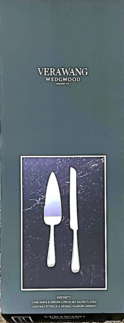 Verawang Wedgewood Infinity Cake Suite in its original dark slate blue-green gift box packaging, featuring a picture of a cake server and knife on a marble background, placed on a speckled granite countertop.