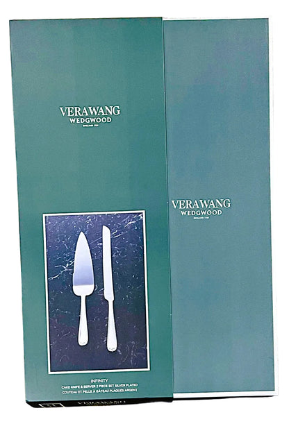 Verawang Wedgwood Infinity Cake Slice and Server set in its teal-green gift box packaging, placed on a speckled beige and brown countertop.