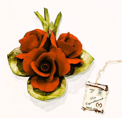 Capodimonte Roses on a Leaf Red 8" Porcelain Flower Hand Made and hand painted in Italy