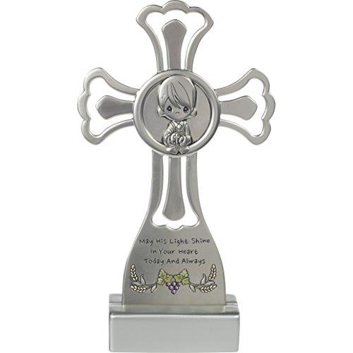 Precious Moments Cross (May His Light Shine in Your Heart Today & Always) Boy First Communion Silver Zinc Alloy Cross with Stand, One Size, Multi